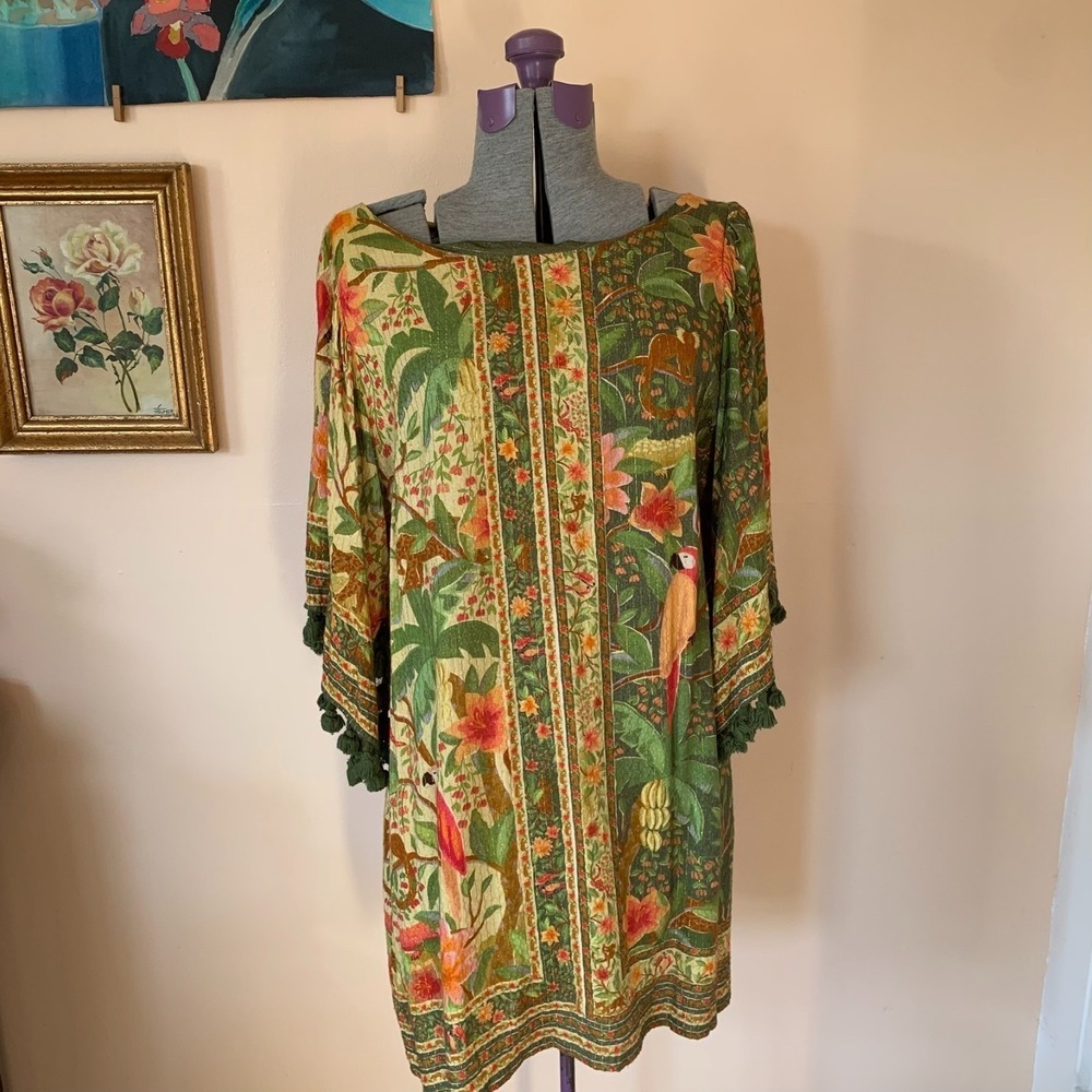 Farm Rio Green Tropical Jungle Tassel Mini Dress Metallic Lurex Stripe